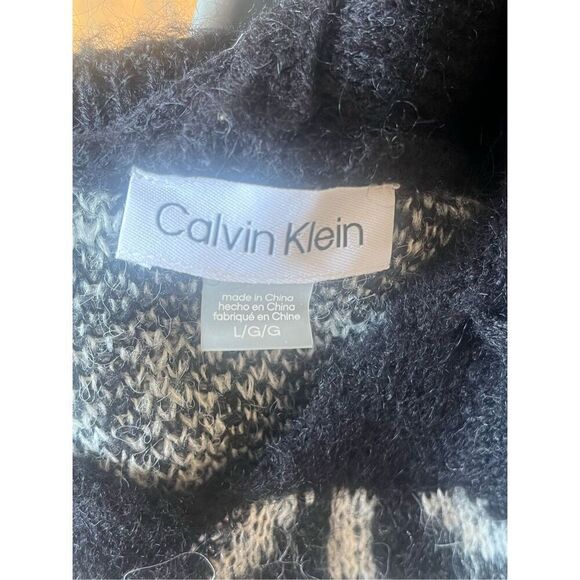 Calvin Klein Branded Hooded Long Sweater Black & White Fuzzy‎ Cozy Sz L NWOT - Picture 4 of 5